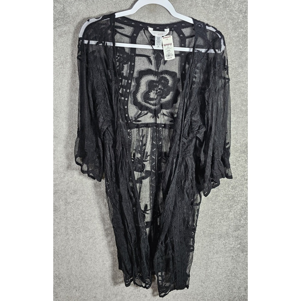 LC Lauren Conrad Open Front Floral Mesh Kimono Duster Womens OS Black Embroidery